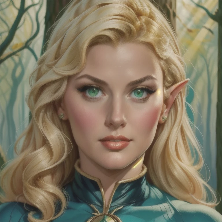 a female elf named Elcia from Record of Lodoss war, blonde elf, pointed ears, green eyes, large bust, wide hips, extremely detailed portrait, realistic, photorealistic, extremely detailed and intricate facial features, beautiful detailed eyes, beautiful detailed lips, extremely detailed skin, highly detailed clothing texture, detailed background, masterpiece, 8k, best quality, digital art, full body closeup, precise details, in the forest, detailed foliage, sunlight filtering through trees, fantasy art