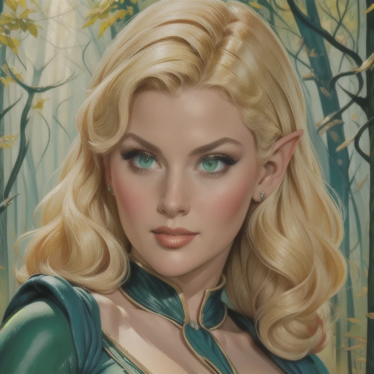 a female elf named Elcia from Record of Lodoss war, blonde elf, pointed ears, green eyes, large bust, wide hips, extremely detailed portrait, realistic, photorealistic, extremely detailed and intricate facial features, beautiful detailed eyes, beautiful detailed lips, extremely detailed skin, highly detailed clothing texture, detailed background, masterpiece, 8k, best quality, digital art, full body closeup, precise details, in the forest, detailed foliage, sunlight filtering through trees, fantasy art