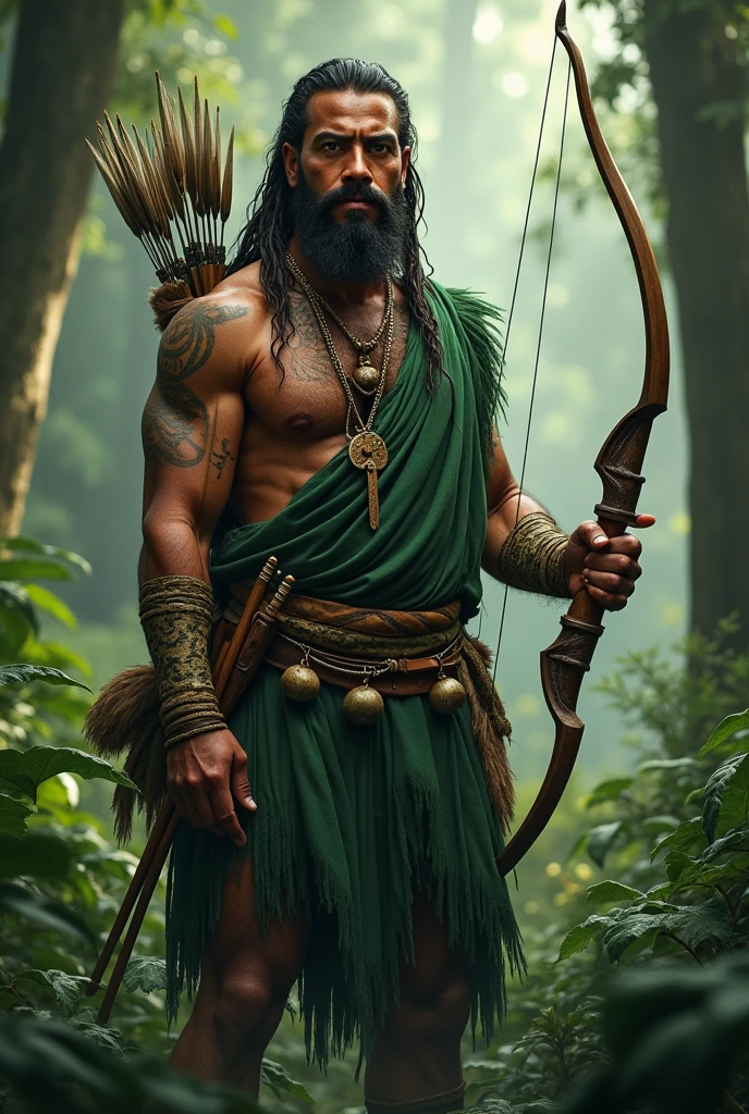 indian, caboclo, green clothes, Hunter, in the woods, naturey, comely, feathers, bow and arrow man.masculine