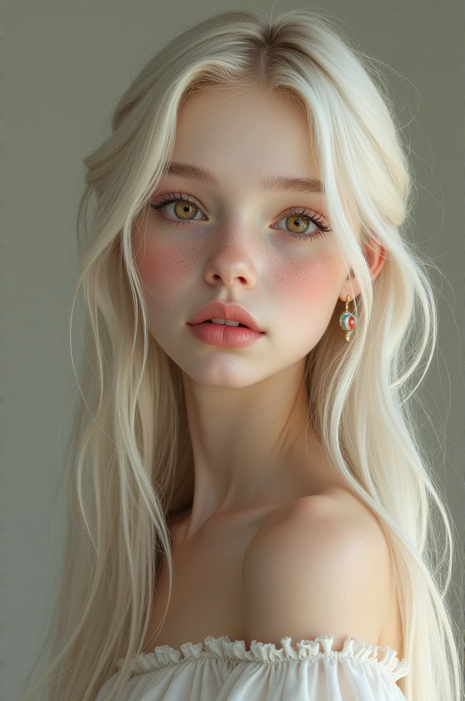 Girl with long straight ash blonde hair and bangs, amber doe eyes, chapped lips, a round face, and a bit of freckles on her nose