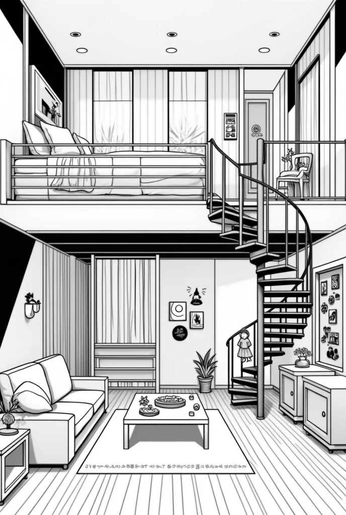 A two-story bedroom based on the character Stelle from the game Honkai: Star Rail, without color, anime sytle