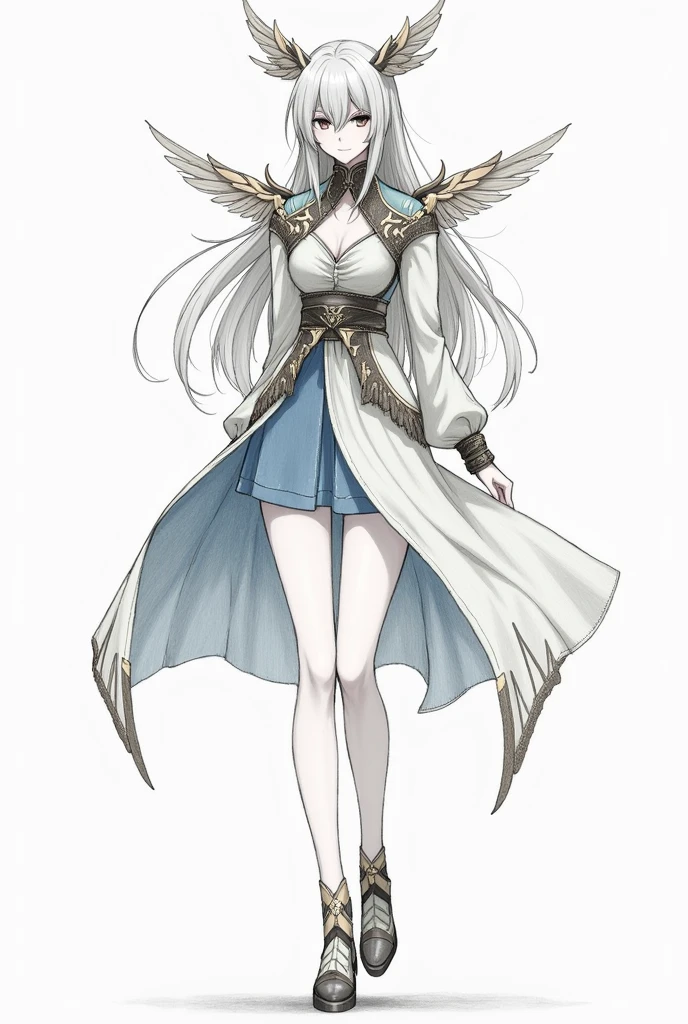 Create an outfit for a fashion show with the following theme and inspiration in the style of a simple pencil drawing like the SKETCH OF A FASHION OUTFIT and add some more clothing but don&#39;t forget the THEME just make the outfit a little wnime style:

theme: Roots and Wings Inspiration: This concept explores the duality between the roots that keep us anchored and the wings that allow us to fly.. The piece symbolizes the importance of recognizing our origins as we seek freedom and personal growth..
