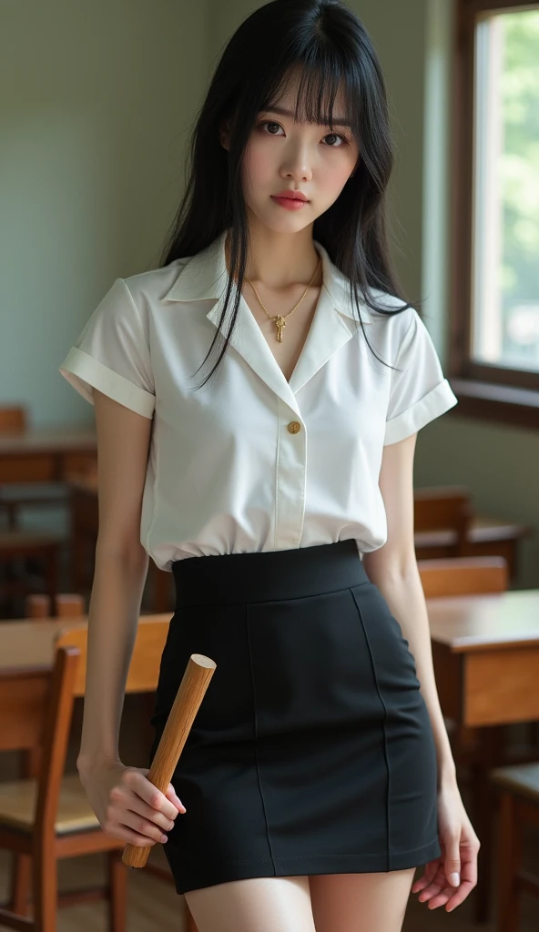 Beautiful Japanese girl with smooth skin, black hair, dark brown eyes, gold pendant (medium chest), wearing Thai teacher's outfit, white short-sleeved shirt, black short skirt, slim fit, holding a small wooden stick in her hand, standing and posing in the classroom, background is a classroom, student desks and chairs, the most realistic image.