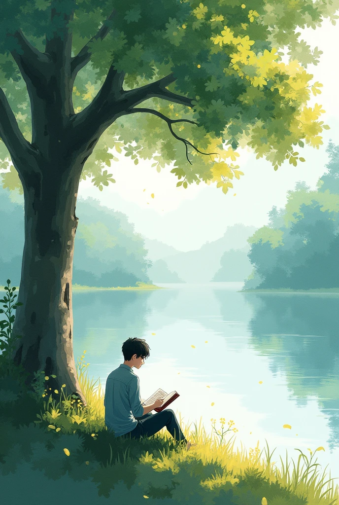 Abstract watercolor anime art of a man, reading under a tree next to a lake 