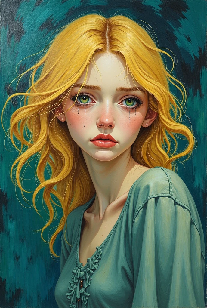 Make a painting like Van Gogh's, showing a blonde with green eyes crying