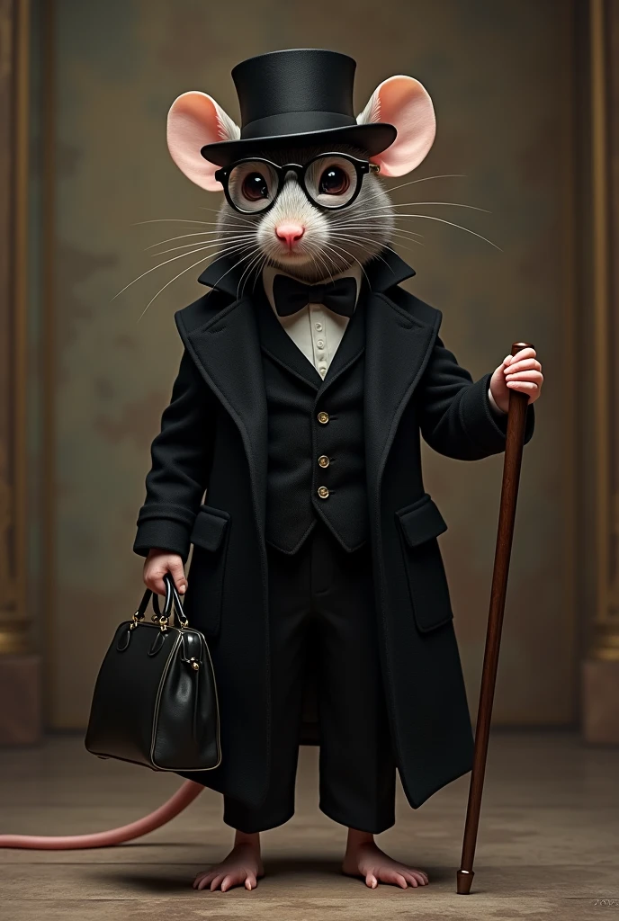 A beautiful rat , wear a black coat and hat , keep stick one hand and other hand bag . Wear a shoose and glass