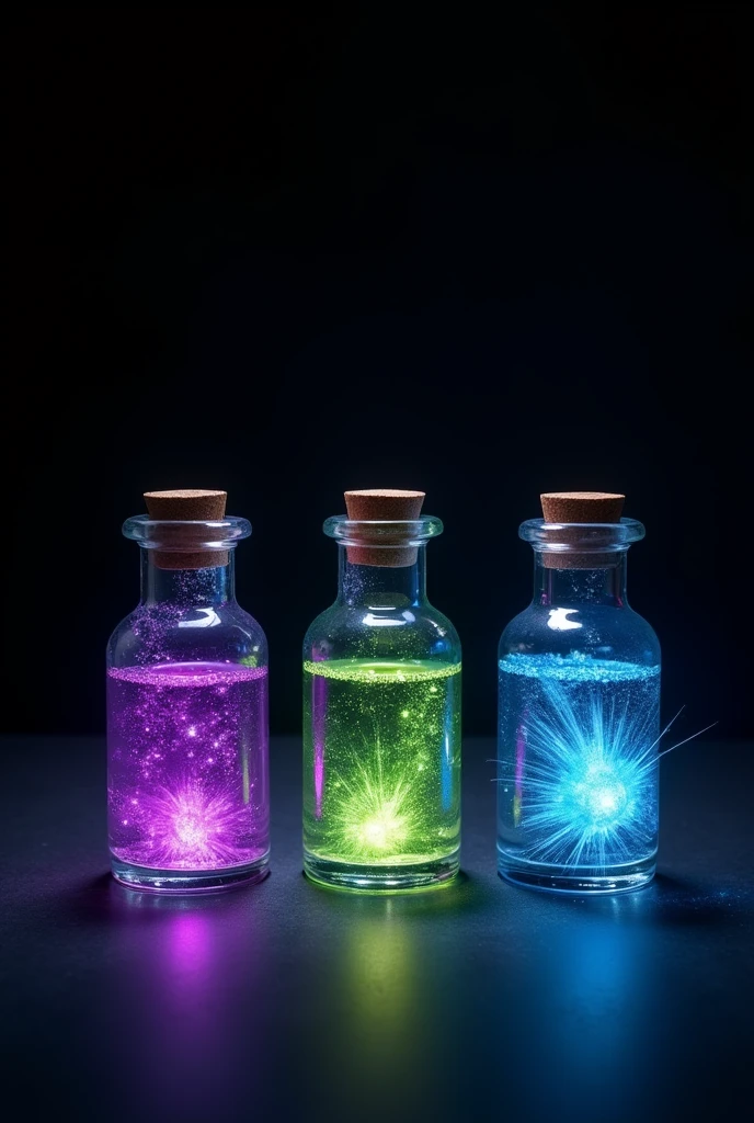 3 bottles with essence inside, they must be separated in the image, the background must be completely black. Inside the bottles must contain respectively, mystical essences in the colors Purple, green and blue. small bottles in the image and the completely black background, to become individual icons the 3. In png, remove the background 