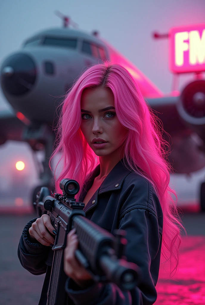 1 woman with exuberant beauty, With long hair, bright pink wavy hair, with a rifle in his hand and looking at the viewer with piercing eyes. Behind her there is a huge warplane and some pink details and a lighted sign that says “FMS”