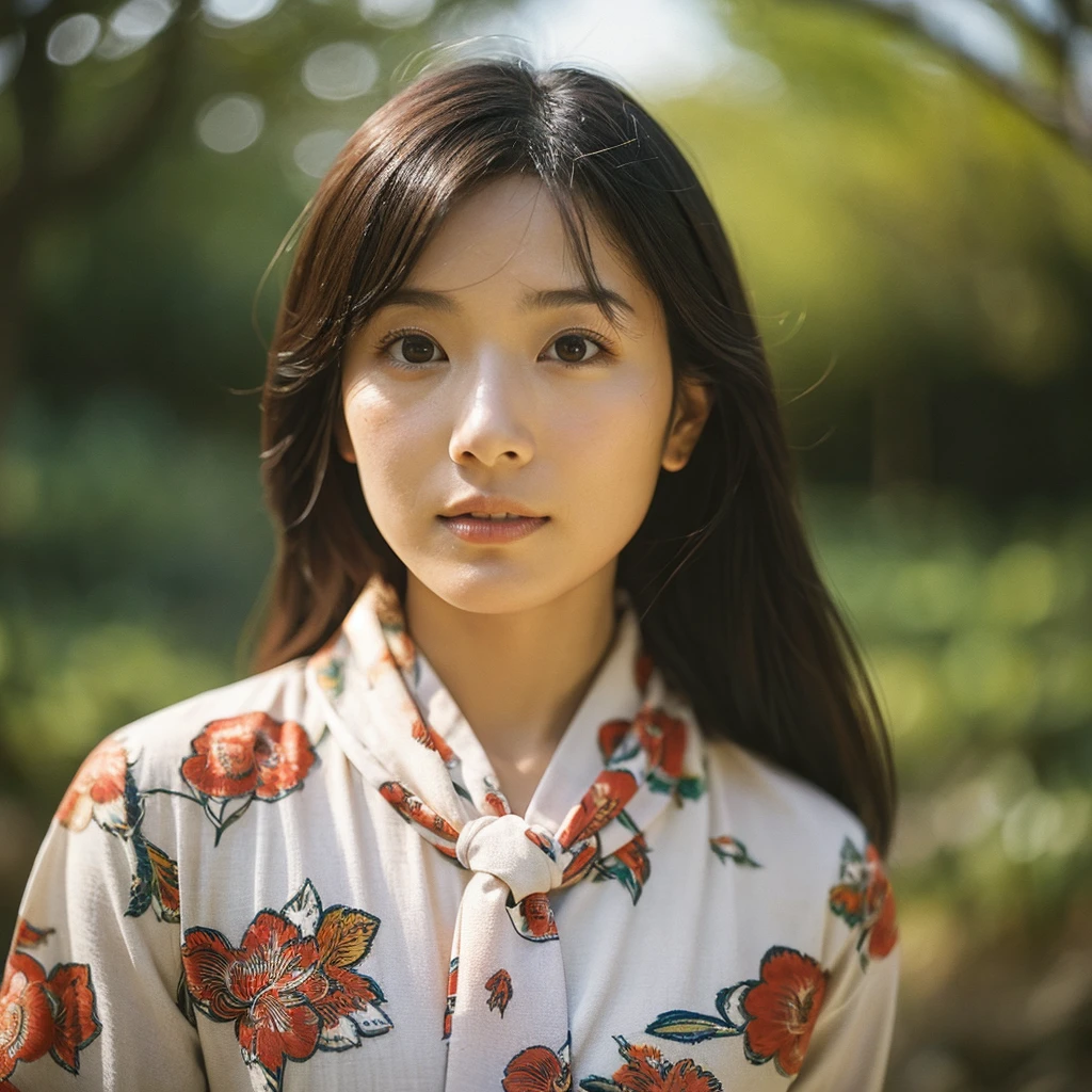 A hyper-realistic image of a single Japanese woman in her early 20s, captured from the shoulders up with the nostalgic warmth and subtle graininess of a film camera. She is wearing a traditional yukata with a vibrant, cute design featuring bold and colorful floral patterns such as cherry blossoms and peonies in shades of pink, red, and lavender, set against a soft pastel background. The obi is elegantly tied with a complementary color, adding a playful touch. The fabric of the yukata appears naturally lightweight, with visible folds and textures that enhance its realism, draping gracefully over her shoulders. Her skin, seen clearly from the shoulders up, has a warm beige tone with a highly realistic, slightly rough texture, showcasing visible pores, fine lines, and minor blemishes, along with subtle unevenness, such as delicate dryness around the cheeks and small natural shadows under the eyes. The lighting is soft and subdued, replicating the gentle, diffused natural light of an overcast day or early evening, creating realistic shadows across her face. These shadows subtly contour her cheekbones, nose, and jawline, adding depth and dimension to her facial features, enhancing the lifelike quality of her skin texture. Her straight, glossy black hair frames her face naturally, slightly tousled, adding to the authenticity of her look. Her deep brown eyes reflect the ambient light, providing depth and a natural, lifelike shine. The film camera effect introduces a noticeable grain and a soft focus, giving the image a warm, nostalgic atmosphere while maintaining the raw, lifelike quality of her skin. The composition is centered solely on her, capturing her serene and understated elegance, focusing closely on the detailed textures of the yukata and the authentic, natural skin texture, with dynamic lighting and shadow play that mimics a real-life photograph.