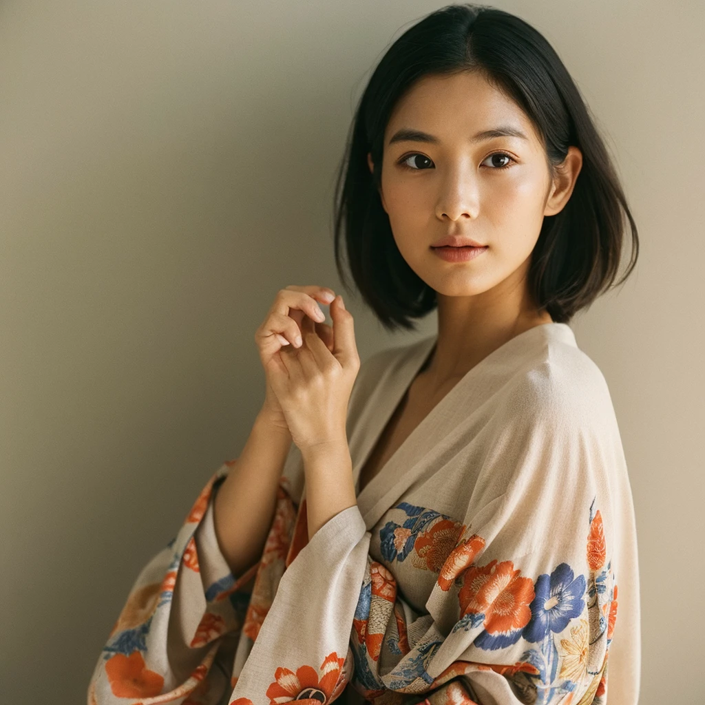 A hyper-realistic image of a single Japanese woman in her early 20s, captured from the shoulders up with the nostalgic warmth and subtle graininess of a film camera. She is wearing a traditional yukata with a vibrant, cute design featuring bold and colorful floral patterns such as cherry blossoms and peonies in shades of pink, red, and lavender, set against a soft pastel background. The obi is elegantly tied with a complementary color, adding a playful touch. The fabric of the yukata appears naturally lightweight, with visible folds and textures that enhance its realism, draping gracefully over her shoulders. Her skin, seen clearly from the shoulders up, has a warm beige tone with a highly realistic, slightly rough texture, showcasing visible pores, fine lines, and minor blemishes, along with subtle unevenness, such as delicate dryness around the cheeks and small natural shadows under the eyes. The lighting is soft and subdued, replicating the gentle, diffused natural light of an overcast day or early evening, creating realistic shadows across her face. These shadows subtly contour her cheekbones, nose, and jawline, adding depth and dimension to her facial features, enhancing the lifelike quality of her skin texture. Her straight, glossy black hair frames her face naturally, slightly tousled, adding to the authenticity of her look. Her deep brown eyes reflect the ambient light, providing depth and a natural, lifelike shine. The film camera effect introduces a noticeable grain and a soft focus, giving the image a warm, nostalgic atmosphere while maintaining the raw, lifelike quality of her skin. The composition is centered solely on her, capturing her serene and understated elegance, focusing closely on the detailed textures of the yukata and the authentic, natural skin texture, with dynamic lighting and shadow play that mimics a real-life photograph.