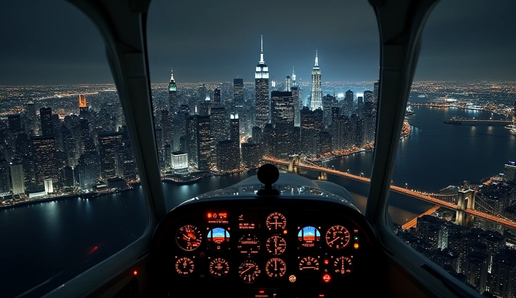 Create an image of a night new york city from a height of a plane Cessna 140, approaching for landing