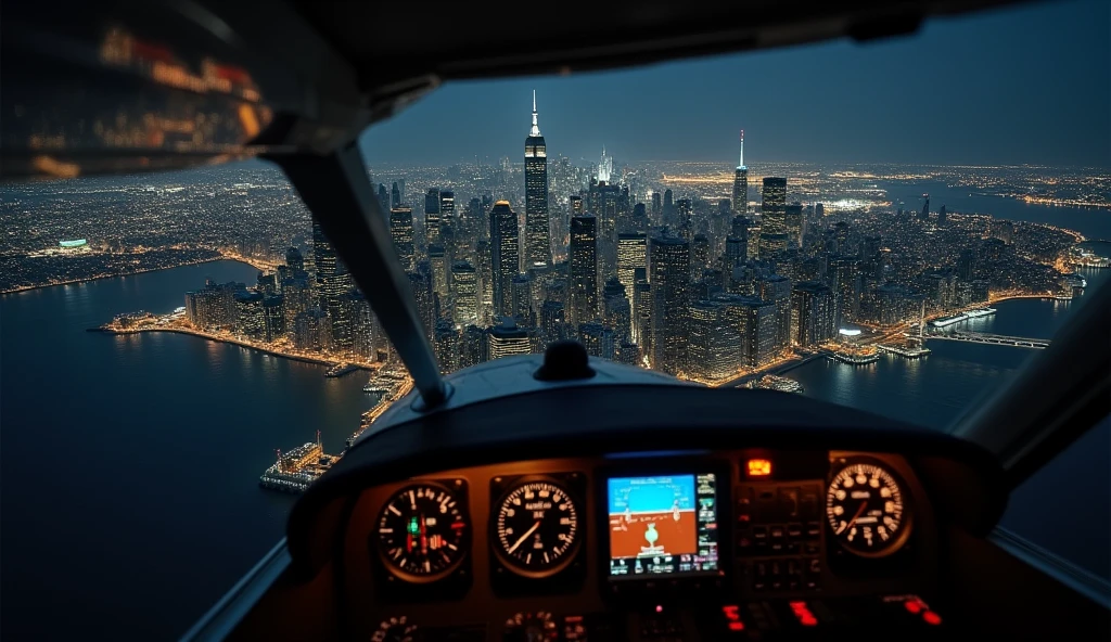Create an image of a night new york city from a height of a plane Cessna 140, approaching for landing