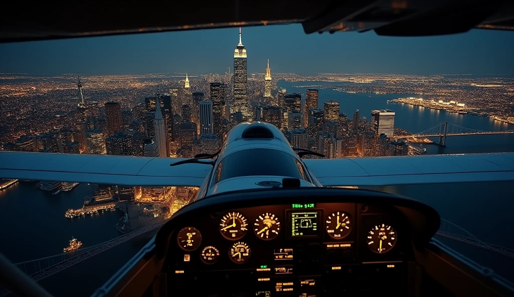 Create an image of a night new york city from a height of a plane Cessna 140, approaching for landing
