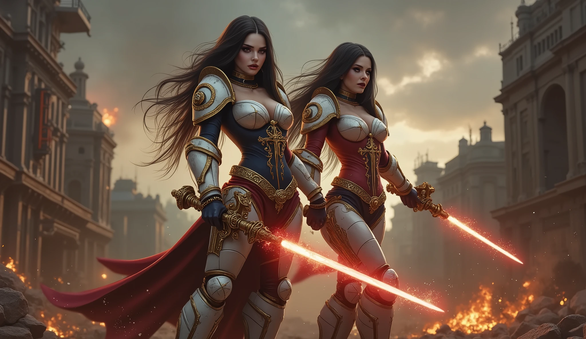 Full body pose sexy sisters of battle from the warhammer 40k, shooting at the enemy, white armor with intricate details, red armor with intricate details, religous symbols on the armor, sisters of battle, warhammer 40k, Massive silicone breast, pale skin, seductive, temptation, eat your soul, clevage, long flowing black hair with purple highlights, heavy gothic makeup, at night, neon, beautiful detailed eyes, beautiful detailed lips, extremely detailed eyes and face, long eyelashes, highly detailed armor, intricate futuristic weaponry, dramatic lighting, cinematic composition, muted color palette, gritty and realistic, mecha, science fiction, hyper-detailed, photorealistic, award winning digital art, 8k, HDR, masters work, in the middle of a battle field, full body combat action pose, explosions and fire around, full war, stunning, Stilleto heels, high heels, full body pose, cinematic, movie trailer, final stand!, nemesis, ready to strike, dust and debree, combat screams, attacking, shooting at the enemy, running forward, last line of defense, charging, fanatic, religious, templar knights, sisters of battle, warhammer 40k