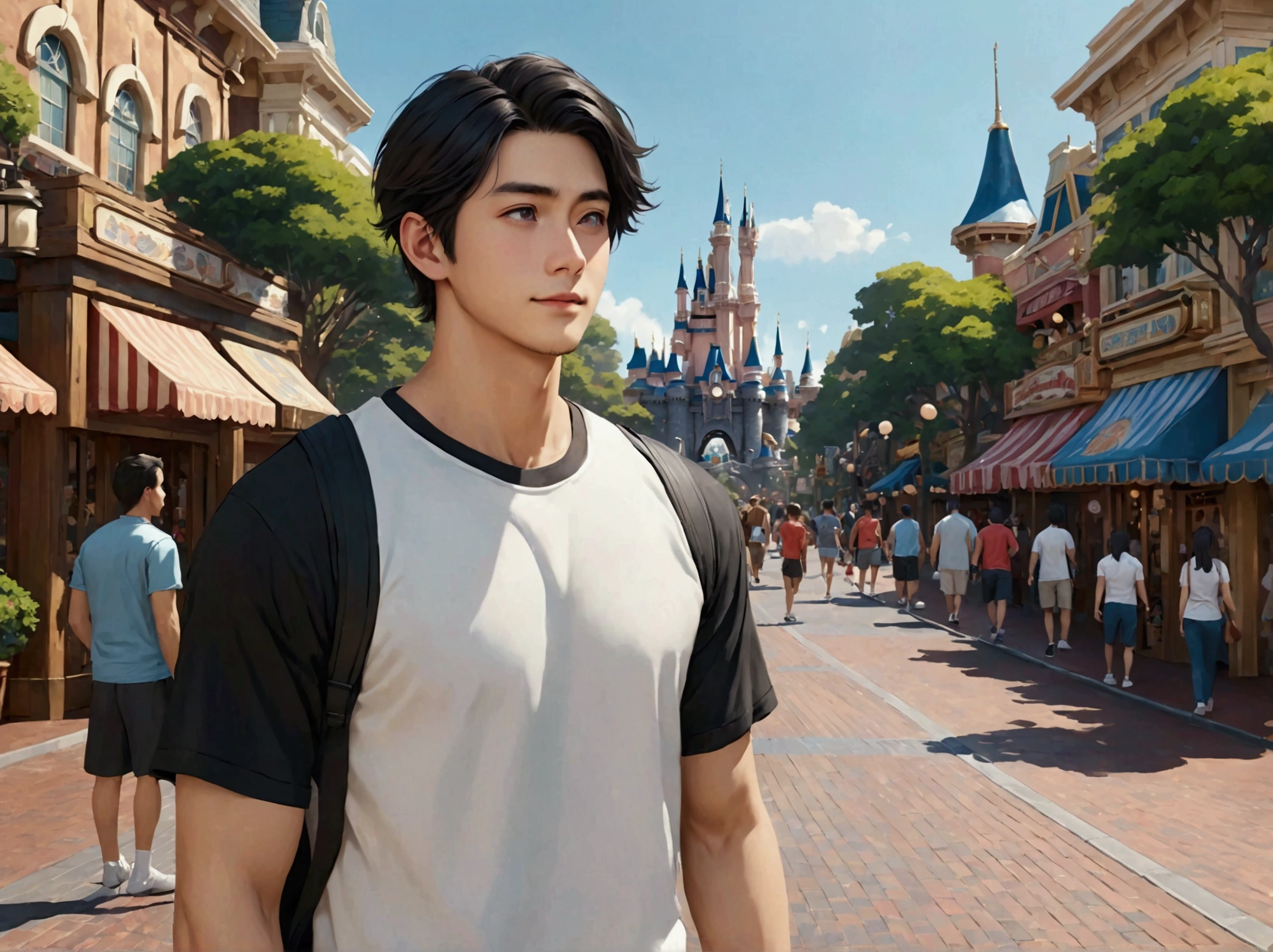 Japanese,25-30 years old, Handsome and sporty outfit , fair skin, black eyes(thin eyes 1:3), Full body image,(Super detailed, Realistic, best quality, 4K, 8k, High resolution, masterpiece:1.3), The background is Disneyland Main Street, U.S.A., day time. he is very happy
