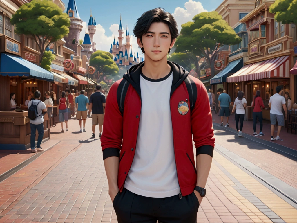 Japanese,25-30 years old, Handsome and sporty outfit , fair skin, black eyes(thin eyes 1:3), Full body image,(Super detailed, Realistic, best quality, 4K, 8k, High resolution, masterpiece:1.3), The background is Disneyland Main Street, U.S.A., day time. he is very happy
