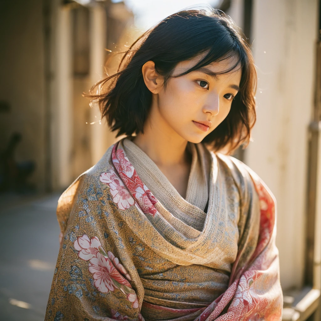 A hyper-realistic image of a single Japanese woman in her early 20s, captured from the shoulders up with the nostalgic warmth and subtle graininess of a film camera. She is wearing a traditional yukata with a vibrant, cute design featuring bold and colorful floral patterns such as cherry blossoms and peonies in shades of pink, red, and lavender, set against a soft pastel background. The obi is elegantly tied with a complementary color, adding a playful touch. The fabric of the yukata appears naturally lightweight, with visible folds and textures that enhance its realism, draping gracefully over her shoulders. Her skin, seen clearly from the shoulders up, has a warm beige tone with a highly realistic, slightly rough texture, showcasing visible pores, fine lines, and minor blemishes, along with subtle unevenness, such as delicate dryness around the cheeks and small natural shadows under the eyes. The lighting is soft and subdued, replicating the gentle, diffused natural light of an overcast day or early evening, creating realistic shadows across her face. These shadows subtly contour her cheekbones, nose, and jawline, adding depth and dimension to her facial features, enhancing the lifelike quality of her skin texture. Her straight, glossy black hair frames her face naturally, slightly tousled, adding to the authenticity of her look. Her deep brown eyes reflect the ambient light, providing depth and a natural, lifelike shine. The film camera effect introduces a noticeable grain and a soft focus, giving the image a warm, nostalgic atmosphere while maintaining the raw, lifelike quality of her skin. The composition is centered solely on her, capturing her serene and understated elegance, focusing closely on the detailed textures of the yukata and the authentic, natural skin texture, with dynamic lighting and shadow play that mimics a real-life photograph.