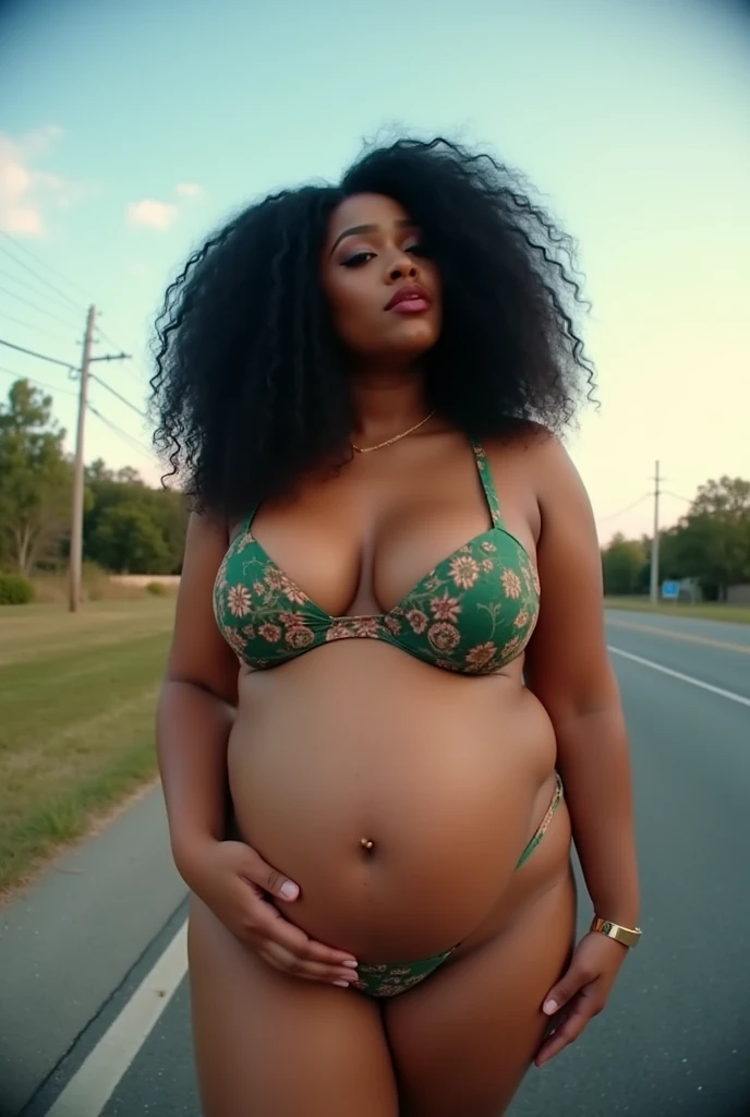 Pov when you accidentally meet Cardi B&#39;s curvy plus size mother who looks full and is pregnant and wearing a jumbo sized and sagging bra on the side of the road. fisheye camera view, iphone camera style. 8k hd, realface, cinematic, highly detailed, extreme long shot, high quality shapering