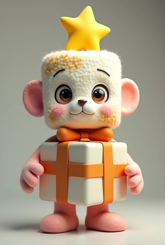The 3D model is designed like an art toy. The head is a burnt marshmallow. On the marshmallow's head is a yellow star. Inside the marshmallow is a face, the body is a gift box, and there are round hands sticking out.