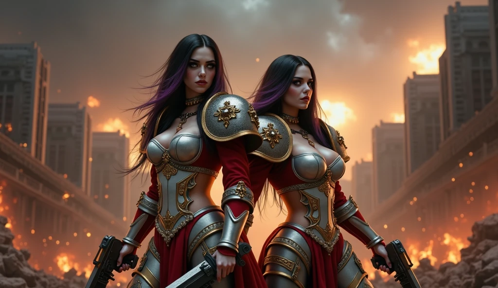 Full body pose sexy sisters of battle from the warhammer 40k, shooting at the enemy, white armor with intricate details, red armor with intricate details, religous symbols on the armor, sisters of battle, warhammer 40k, Massive silicone breast, pale skin, seductive, temptation, eat your soul, clevage, long flowing black hair with purple highlights, heavy gothic makeup, at night, neon, beautiful detailed eyes, beautiful detailed lips, extremely detailed eyes and face, long eyelashes, highly detailed armor, intricate futuristic weaponry, dramatic lighting, cinematic composition, muted color palette, gritty and realistic, mecha, science fiction, hyper-detailed, photorealistic, award winning digital art, 8k, HDR, masters work, in the middle of a battle field, full body combat action pose, explosions and fire around, full war, stunning, Stilleto heels, high heels, full body pose, cinematic, movie trailer, final stand!, nemesis, ready to strike, dust and debree, combat screams, attacking, shooting at the enemy, running forward, last line of defense, charging, fanatic, religious, templar knights, sisters of battle, warhammer 40k