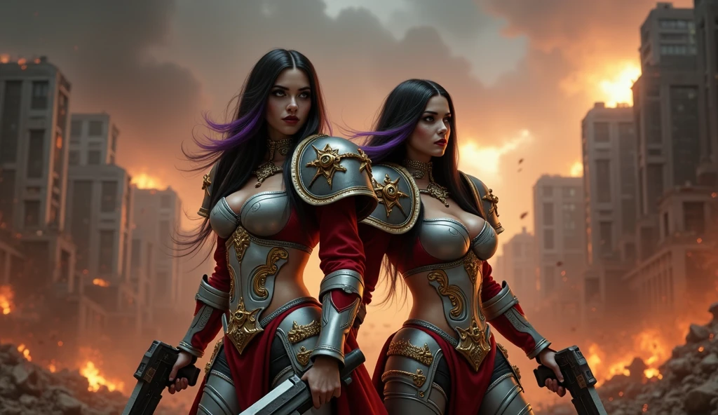Full body pose sexy sisters of battle from the warhammer 40k, shooting at the enemy, white armor with intricate details, red armor with intricate details, religous symbols on the armor, sisters of battle, warhammer 40k, Massive silicone breast, pale skin, seductive, temptation, eat your soul, clevage, long flowing black hair with purple highlights, heavy gothic makeup, at night, neon, beautiful detailed eyes, beautiful detailed lips, extremely detailed eyes and face, long eyelashes, highly detailed armor, intricate futuristic weaponry, dramatic lighting, cinematic composition, muted color palette, gritty and realistic, mecha, science fiction, hyper-detailed, photorealistic, award winning digital art, 8k, HDR, masters work, in the middle of a battle field, full body combat action pose, explosions and fire around, full war, stunning, Stilleto heels, high heels, full body pose, cinematic, movie trailer, final stand!, nemesis, ready to strike, dust and debree, combat screams, attacking, shooting at the enemy, running forward, last line of defense, charging, fanatic, religious, templar knights, sisters of battle, warhammer 40k