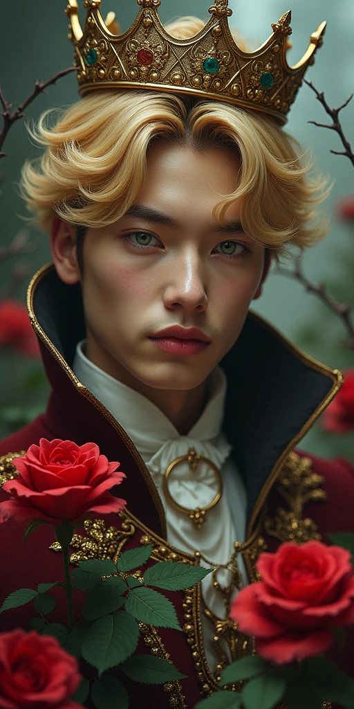 Jungkook. Korean boy with blond hair, greeneyes. A prince with crowns and royal clothes. Half of the face covered in thorns. Red roses