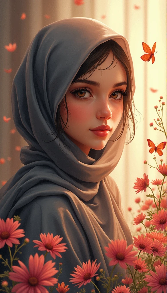 Flowers Garden background, High resolution quality, queen, flowers on head, body cover by cloth, realistic face, hijabi girl
