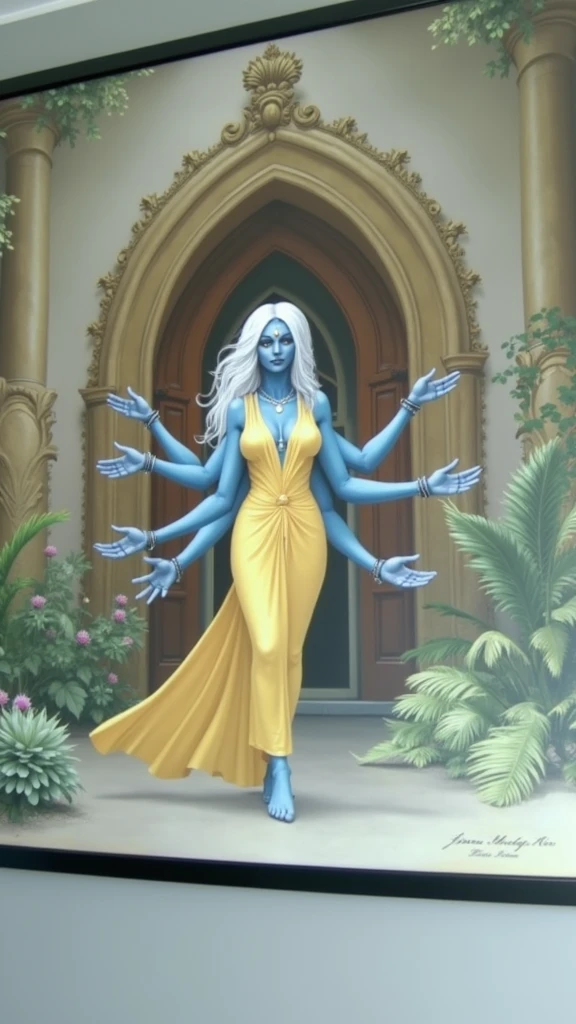 masterpiece, best quality, fateKali, white hair, blue skin, extra arms, (yellow sundress:1.4), from behind, earrings, large breasts, looking at viewer, garden, :D ExtraArms, extra arms