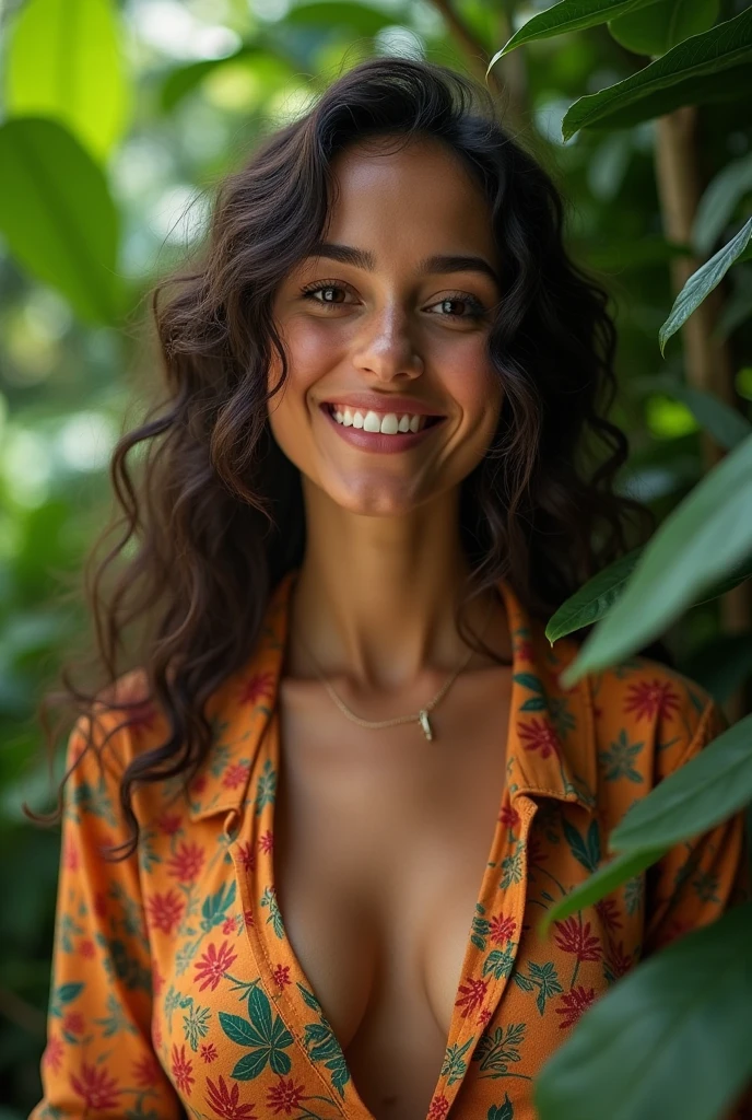 A Brazilian woman in a lush tropical garden, wearing an open shirt with a floral print, with a close-up capturing the harmonious beauty between her breasts and the natural flowers, showing off your natural charm and outgoing personality.
