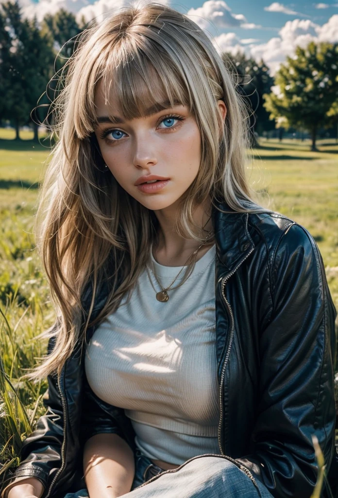 Luxury T-shirt, Luxury coat, (Realistic:1.4), (Best quality:1.0), (Breakfast:1.0), 8K, RAW photo, (Masterpiece:0.2), 1 female, Detailed skin, Looking at viewer, Blue eyes, (White blonde perm long hair with bangs:1.2), (Big breasts:1.0), (Big areolas:0.8), (Pure face_v1:0.5), Blue sky, White clouds, Green grass, Breeze,