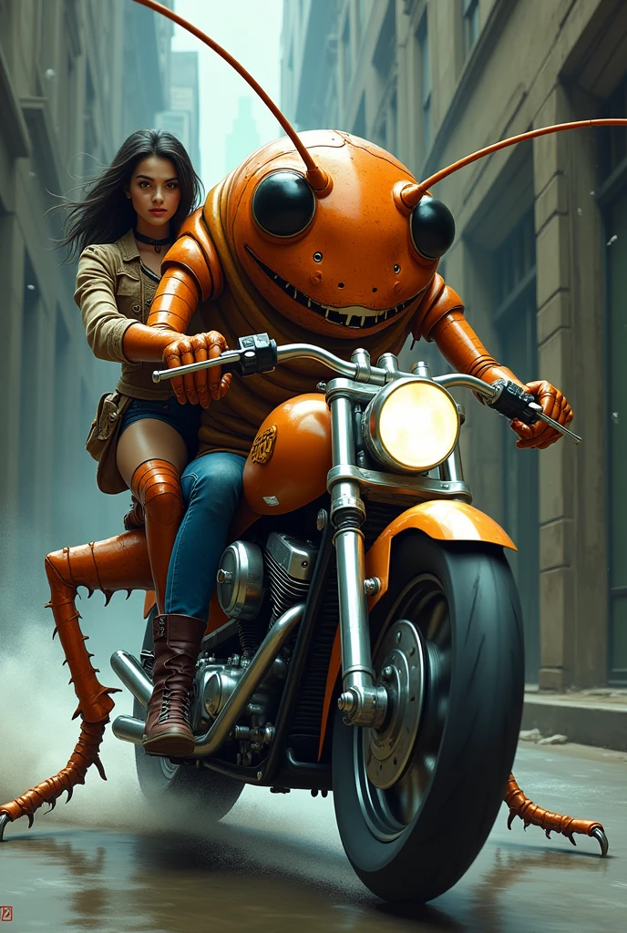 Cockroach riding a motorcycle,drawing,Women riding pillion