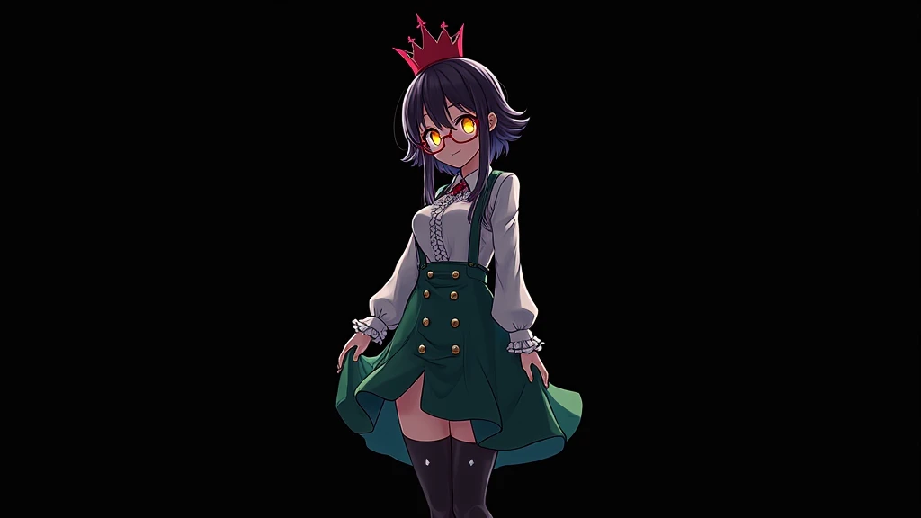 ((masterpiece, best quality)), aston machan (umamusume),, smile, large breasts, upper body, , long sleeves, white shirt, frills, green skirt, button, black thighhighs, suspender, , espectacled, red-framed eyewear, red hat crown, , crazy eyes, glowing eye, ,