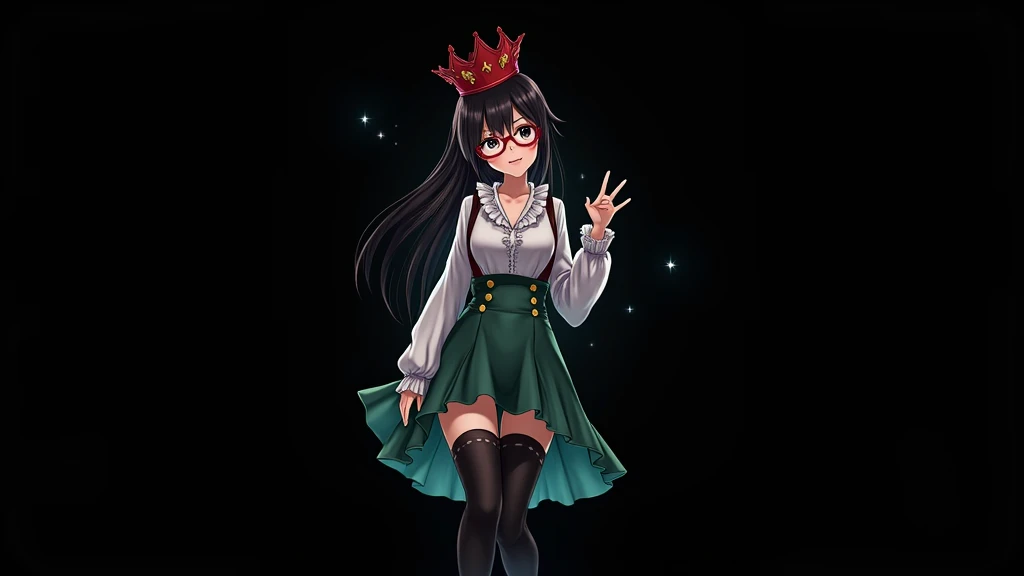 ((masterpiece, best quality)), aston machan (umamusume),, smile, large breasts, upper body, , long sleeves, white shirt, frills, green skirt, button, black thighhighs, suspender, , espectacled, red-framed eyewear, red hat crown, , crazy eyes, glowing eye, ,