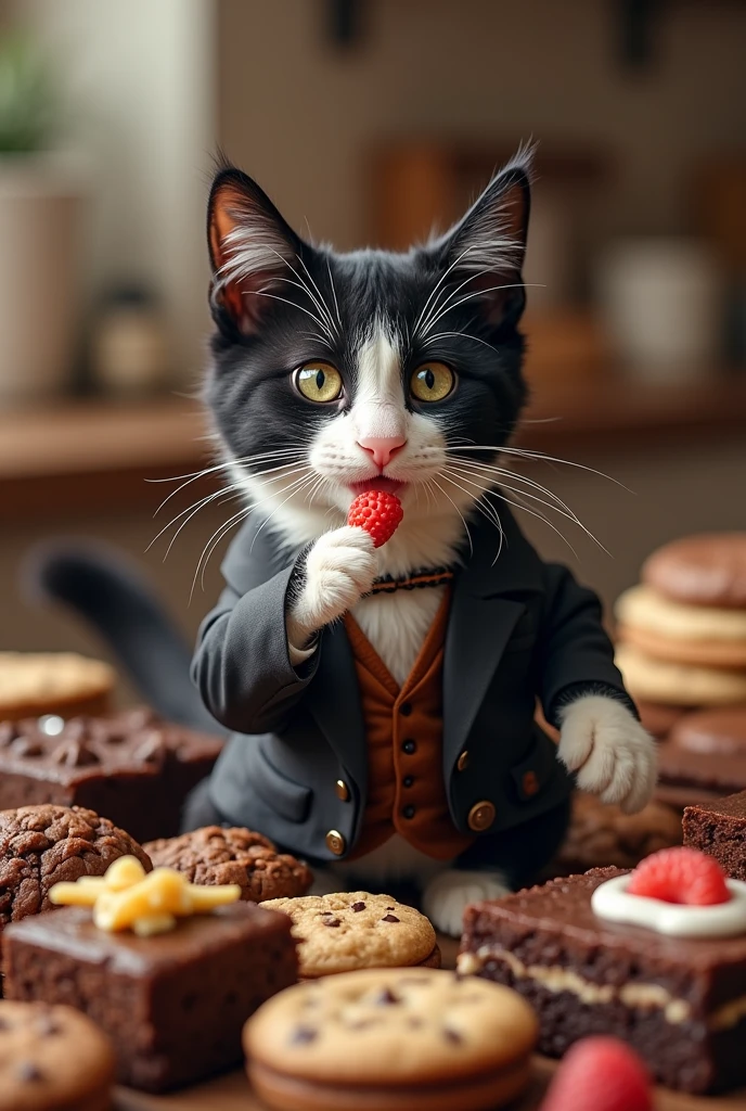 Cat eating desserts, brownies, cookies that the cat&#39;s fur is black and white, and have a chat suit