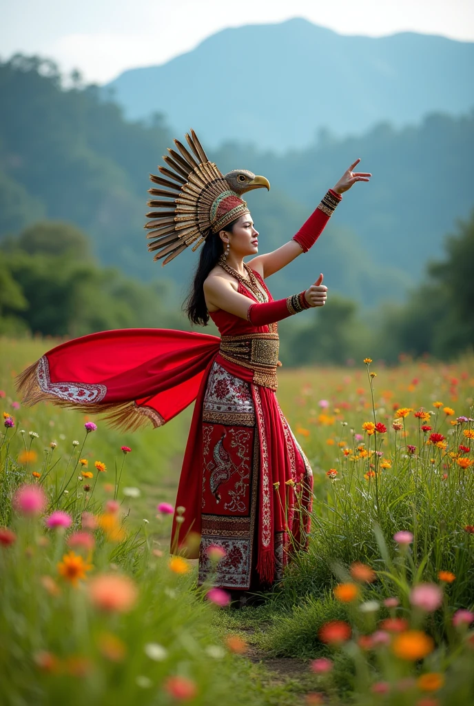 Photoshot of a beautiful woman wearing a red and white Dayak tribal dress wearing a mah kota with a bird's head and a long cloth on her shoulders dancing in a green meadow with many blooming flowers . And the beautiful mountain view