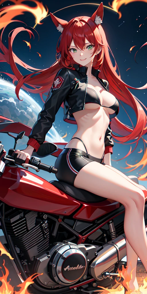 1 person,woman,Medium long hairstyle,Red Hair,Blue Flame, Vortex of flames,wallpaper, Wind景,Depth of written boundary, night, Particles of light, light, Side light, Thighs,****, cloud,Gaze, Large Breasts, Green Eyes, Horse ears, Bright smile,Open your mouth,Wind,Riding a red motorcycle,vehicle,Driving,Straddle,Riders jacket,Riders pants,sunglasses, 