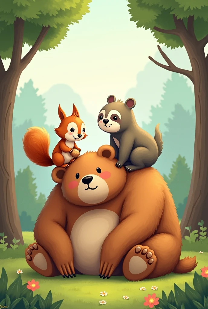 a cute drawing of a squirrel,with a sloth and a bear being friends