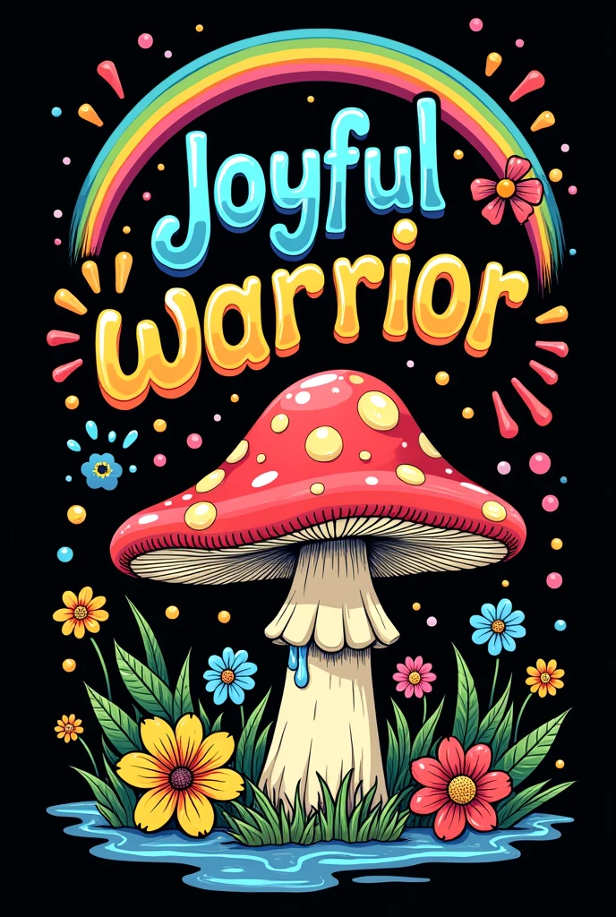 black background,playful,psychedelic, hippie aesthetic design featuring the phrase 'Joyful Warrior' in a bold, bubble-like font.with a small splash of water at the end of the letter. The text have a gradient color scheme transitioning from blues and greens at the top to oranges, yellows at the bottom, with a playful, hand-drawn vibe. In the center, include a large, cartoonish mushroom with a polka-dot cap, Add a curved rainbow above behind the mushroom. Surround the mushroom with a variety of colored flowers (pinks, yellows, blues,reds) and add swirling, wavy lines around the edges to enhance the psychedelic feel. The overall style should evoke the 60s and 70s hippie aesthetic, with a mix of surrealism, organic shapes, and vibrant colors, creating a whimsical and uplifting composition.
