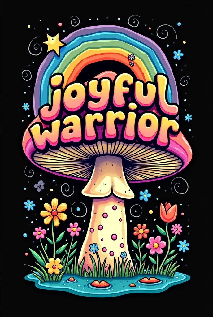 black background,playful,psychedelic, hippie aesthetic design featuring the phrase 'Joyful Warrior' in a bold, bubble-like font.with a small splash of water at the end of the letter. The text have a gradient color scheme transitioning from blues and greens at the top to oranges, yellows at the bottom, with a playful, hand-drawn vibe. In the center, include a large, cartoonish mushroom with a polka-dot cap, Add a curved rainbow above behind the mushroom. Surround the mushroom with a variety of colored flowers (pinks, yellows, blues,reds) and add swirling, wavy lines around the edges to enhance the psychedelic feel. The overall style should evoke the 60s and 70s hippie aesthetic, with a mix of surrealism, organic shapes, and vibrant colors, creating a whimsical and uplifting composition.

