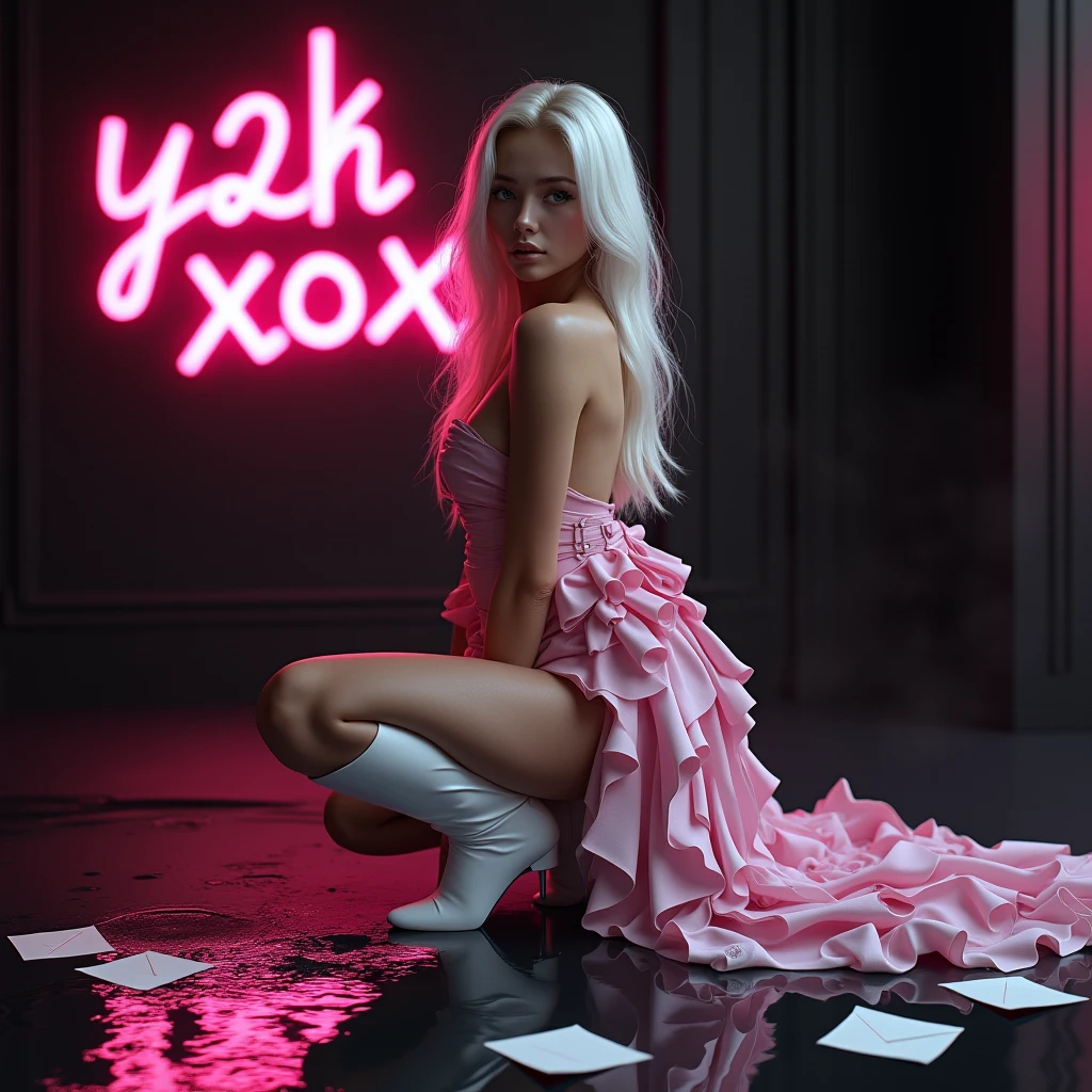 A woman with long white hair,she will wear a dress made entirely of bows,a white futuristic boot, the black background and there will be pink smoke,I want the graffiti background with the words Y2K XOXO written in pink ,I want her very sensual,I want water on the floor with several love letters,I want her posing like a sitting model, show the image from afar,I want her beautiful like a model