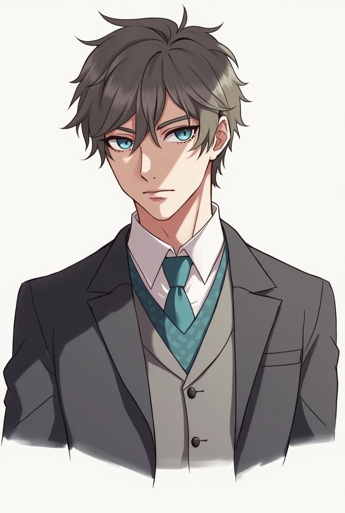 Add a cold facial expression, a 3 piece suit, dull crystal blue eyes that can be seen from the waist up