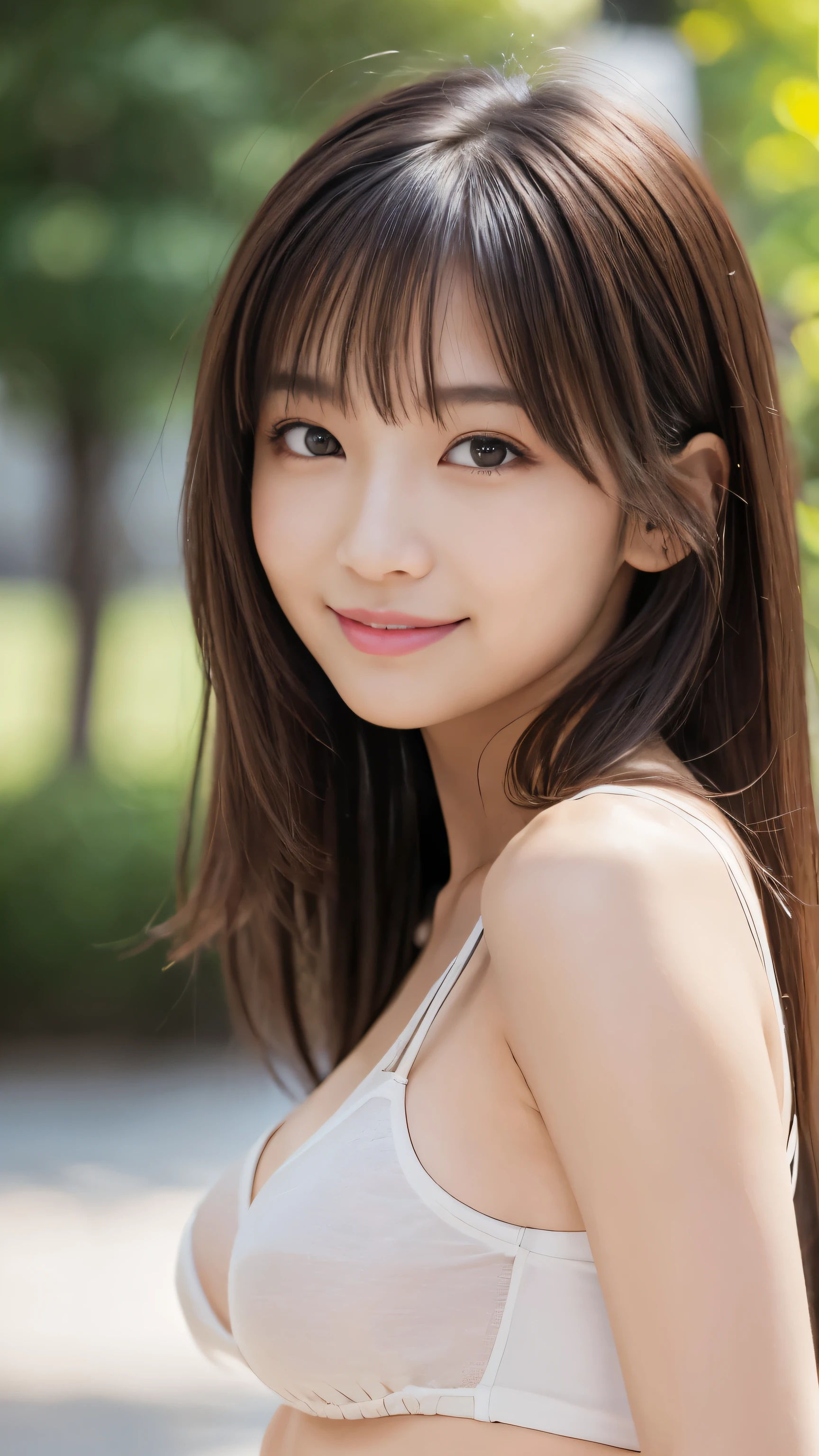 masterpiece, best quality, ultra high res, ultra detailed, sharp focus, 1girl, solo, a stunning pretty and beautiful Japanese sexy model, 19yo, looking at viewer:1.3, (bright smile:0.6), wearing a (blouse), dusk, sunset, night, realistic, Slender, (standing:1.1), (looking at the viewer:1.3), sexy gaze, blush, (upper body shot:1.6), medium hair, messy hair, asymmetrical bangs, light brown hair, messy hair style, ((Pure white camisole、Hands behind head、smile、Light clothing))、((underwear,