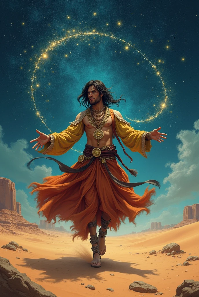 Young gypsy male with medals of the sun and stars spinning around in the desert with constellations behind