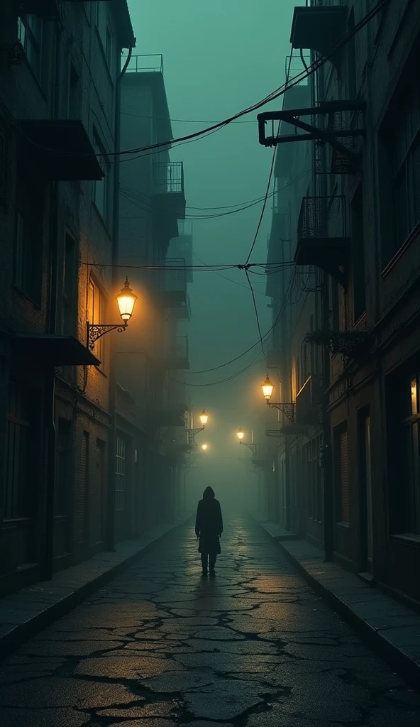Create an image of a dark, deserted street at night, with a subtle, ominous presence lurking in the shadows, suggesting something terrifying is about to happen.