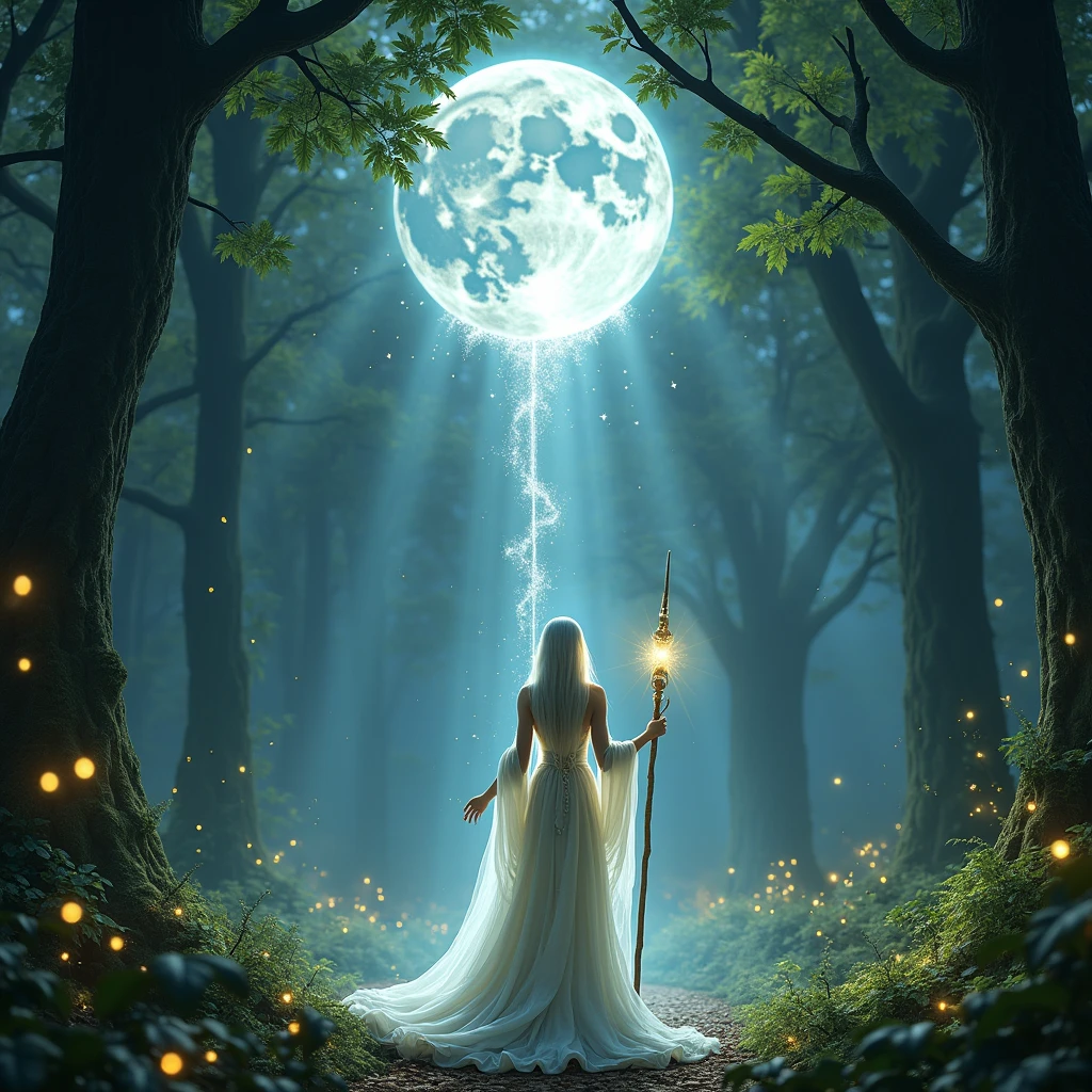 ((Allena the elven high priestess of the moon stands before the ((hidden forest alter under the moon)) and summons the power of the stars to link the earth and sky)). Allena is standing amidst a magical forest, with sparkling fairy lights illuminating the surroundings. The vibrant green leaves of the towering trees create a mesmerizing backdrop. Moonlight filters through the branches, casting ethereal rays of silver light on the elf's ethereal face. She holds a magical staff in her hand, which emits a soft glowing energy, revealing her strong connection with the stars. (She is surrounded in a pillar of silver light that connects the earth and sky), The atmosphere is filled with a sense of serenity and tranquility. The colors in the scene are vibrant and saturated, with a touch of mystical hues, enhancing the magical ambiance. The lighting is soft and gentle, with a warm silver glow, creating a dreamlike and otherworldly atmosphere. The image quality is of the highest standard, with ultra-detailed rendering capturing every intricate detail of the elf's features and the surrounding environment. The overall style of the image is fantasy art, with a blend of realism and a touch of surrealism, capturing the essence of the mystical and enchanting world of elves. Hidden forest shrine background