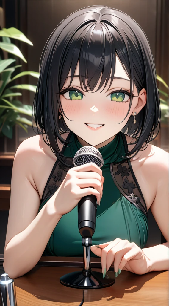 ((masterpiece)), ((Highest quality)), ((High resolution)), ((In detail)),((Highest quality, 8k, masterpiece)) Please draw a beautiful black-haired woman。Green Eyes、Short black hair with a center part、She is wearing a green high-necked, sleeveless long dress.。She is smiling kindly, facing forward and speaking into a tabletop microphone.。