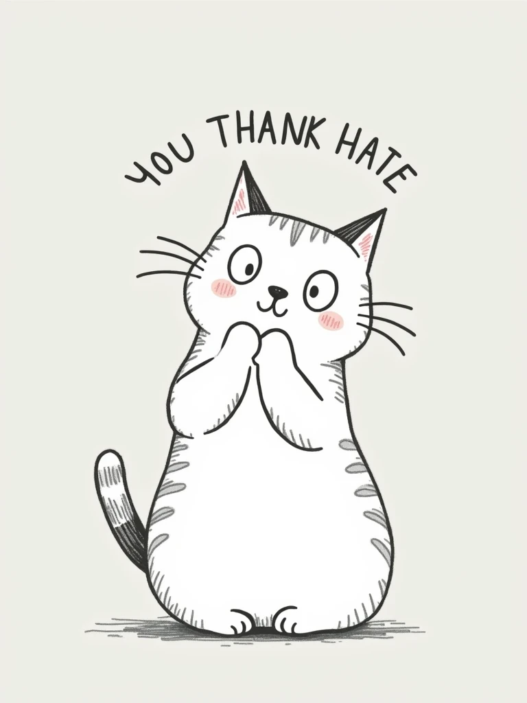 A cat saying “Thank you” in the style of a LINE stamp, gray background
