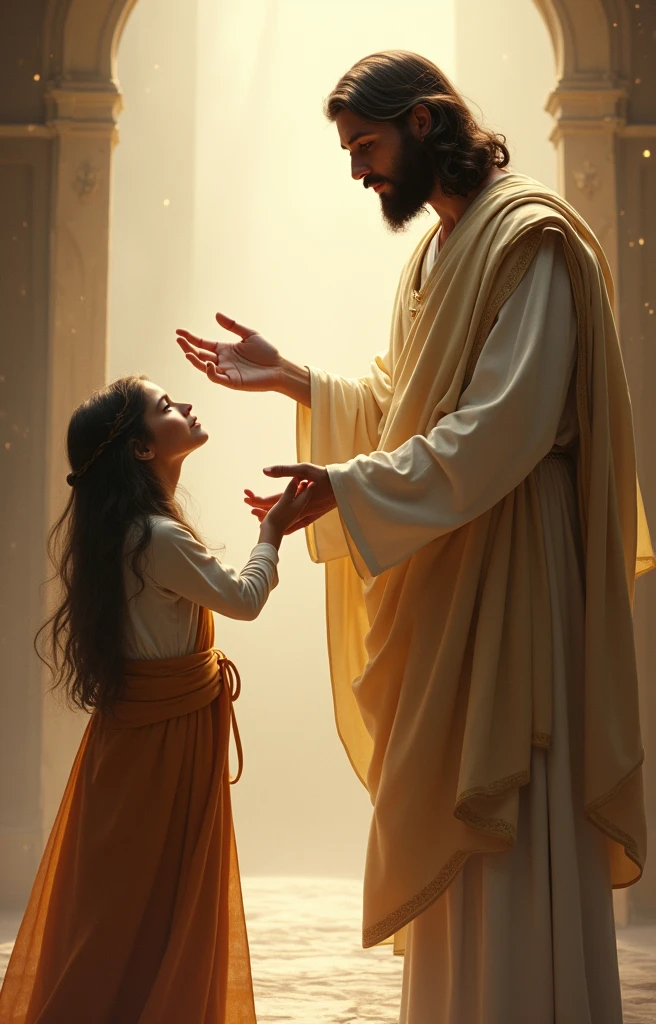Jesus Christ giving blessing to a girl, de 18 anos, ((She is looking at the picture)).