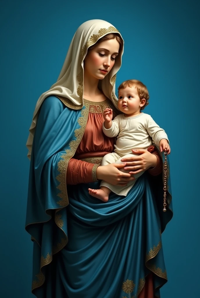 Mother of God with blue cloak holding Jesus and a rosary blue background full body 