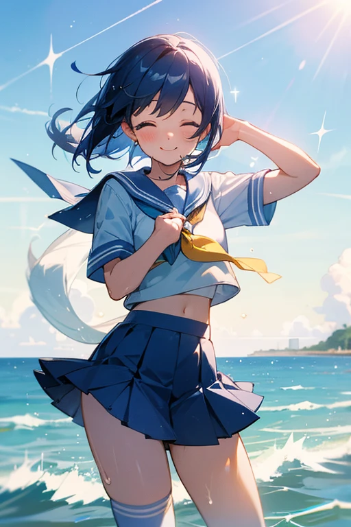 school, sailor uniform, sweat, chest, short skirt, strong wind, seaside, blue sky, sunlight, sparkle, contrail, eyes closed, smile, cheerful, looking at camera, knee socks, buttocks, water splash